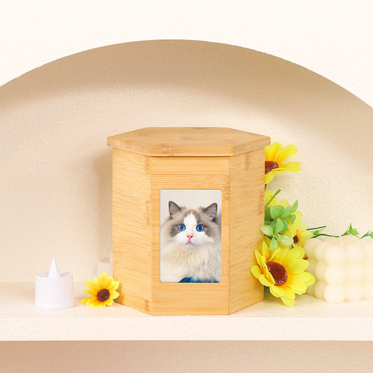 Hexagonal Pet Memorial Urn with Photo Frame, Bamboo Wood, 15.5x 14 cm, Pet Cremation Box Custailmize